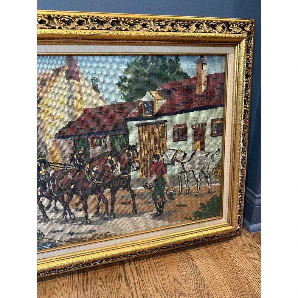 Vintage Huge Victorian Scenery Needlepoint Wall Art Tapestry Framed 26.5